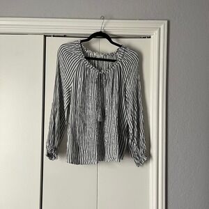 Max Studio Striped Peasant Blouse Tassel Tie Long Sleeve Top‎ Size S